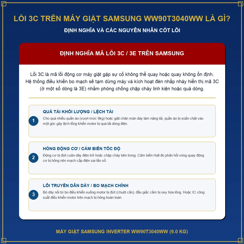 Máy giặt Samsung WW90T3040WW báo lỗi 3C: Có tự sửa được không? 2 Lỗi 3C trên máy giặt Samsung WW90T3040WW là gì?