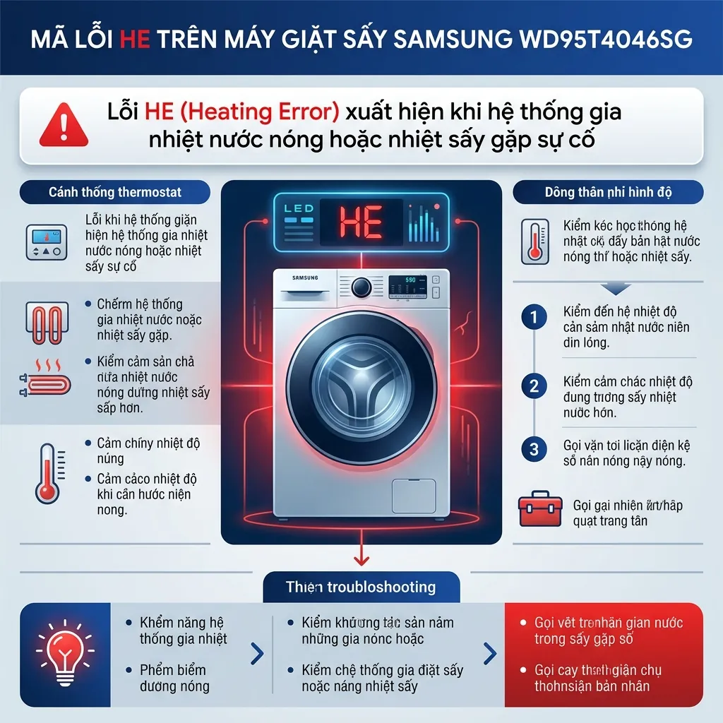 Lỗi HE máy giặt Samsung WD95T4046SG là gì? Cách sửa lỗi thanh nhiệt