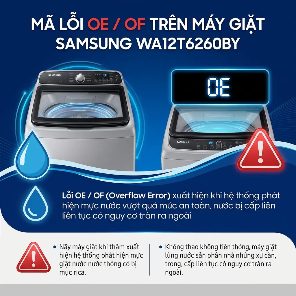 Sửa lỗi OE máy giặt Samsung WA12T6260BY tràn nước triệt để 2 Lỗi OE (hoặc OF) trên máy giặt Samsung WA12T6260BY là gì?