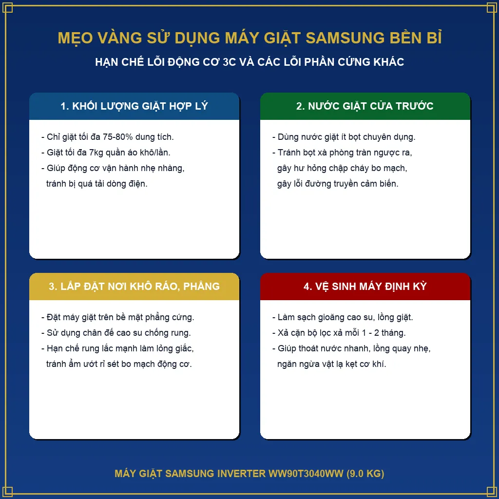 Máy giặt Samsung WW90T3040WW báo lỗi 3C: Có tự sửa được không? 4 Mẹo sử dụng máy giặt Samsung WW90T3040WW bền bỉ tránh lỗi vặt