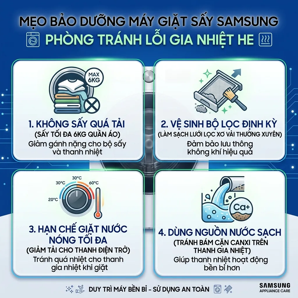 Mẹo sử dụng máy giặt sấy Samsung bền bỉ tránh lỗi thanh nhiệt