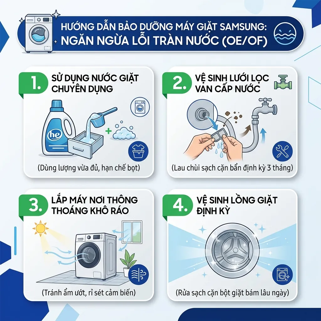 Sửa lỗi OE máy giặt Samsung WA12T6260BY tràn nước triệt để 4 Mẹo sử dụng máy giặt Samsung bền bỉ tránh lỗi tràn nước