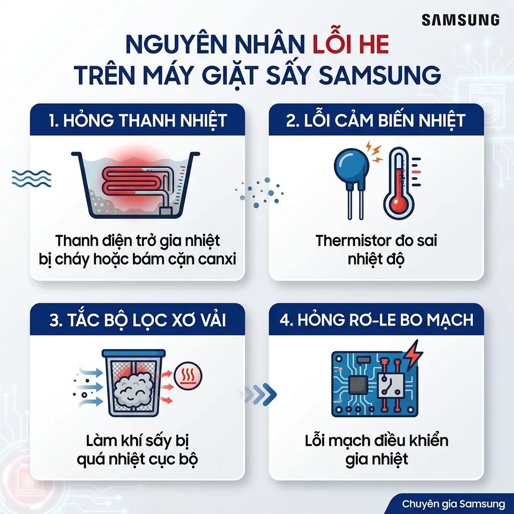 Nguyên nhân chính khiến lỗi he máy giặt samsung wd95t4046sg xuất hiện