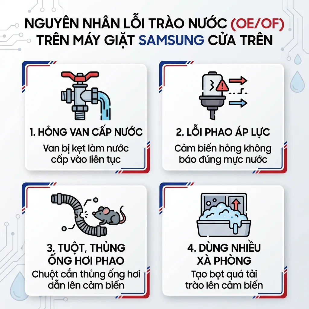 Sửa lỗi OE máy giặt Samsung WA12T6260BY tràn nước triệt để 3 Nguyên nhân gây ra lỗi OE trên máy giặt Samsung WA12T6260BY