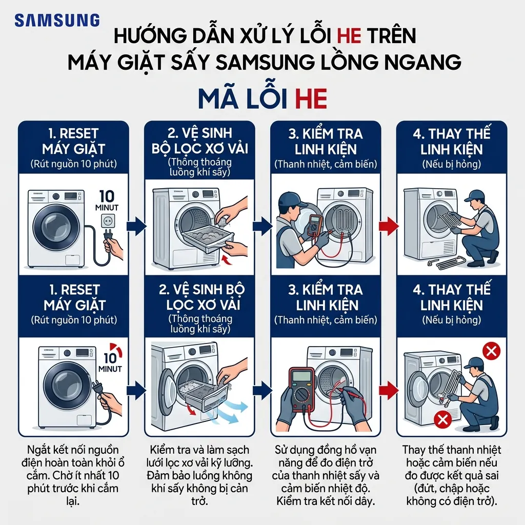 Quy trình kiểm tra và sửa lỗi HE máy giặt sấy Samsung WD95T4046SG
