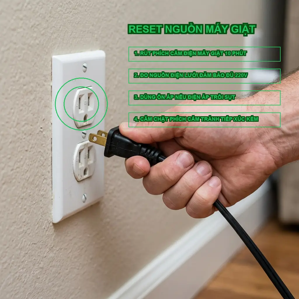 Tại sao máy giặt Electrolux EWF1024BDWA báo lỗi EH0? Cách xử lý nguồn điện 1 Tại sao máy giặt Electrolux EWF1024BDWA báo lỗi EH0? Cách xử lý nguồn điện