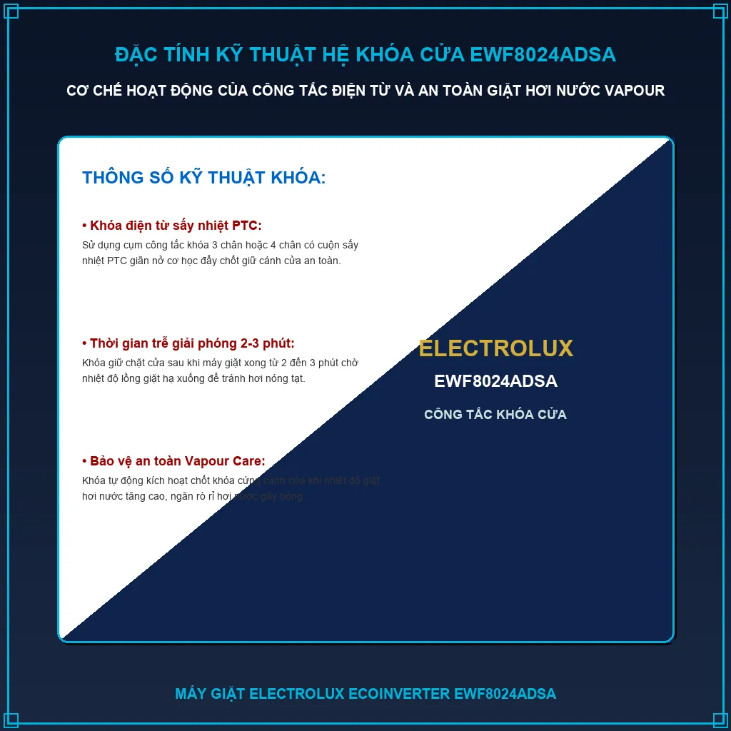 Nguyên nhân máy giặt Electrolux EWF8024ADSA báo lỗi E40 và cách xử lý 2 Đặc tính kỹ thuật hệ thống khóa cửa Electrolux EWF8024ADSA
