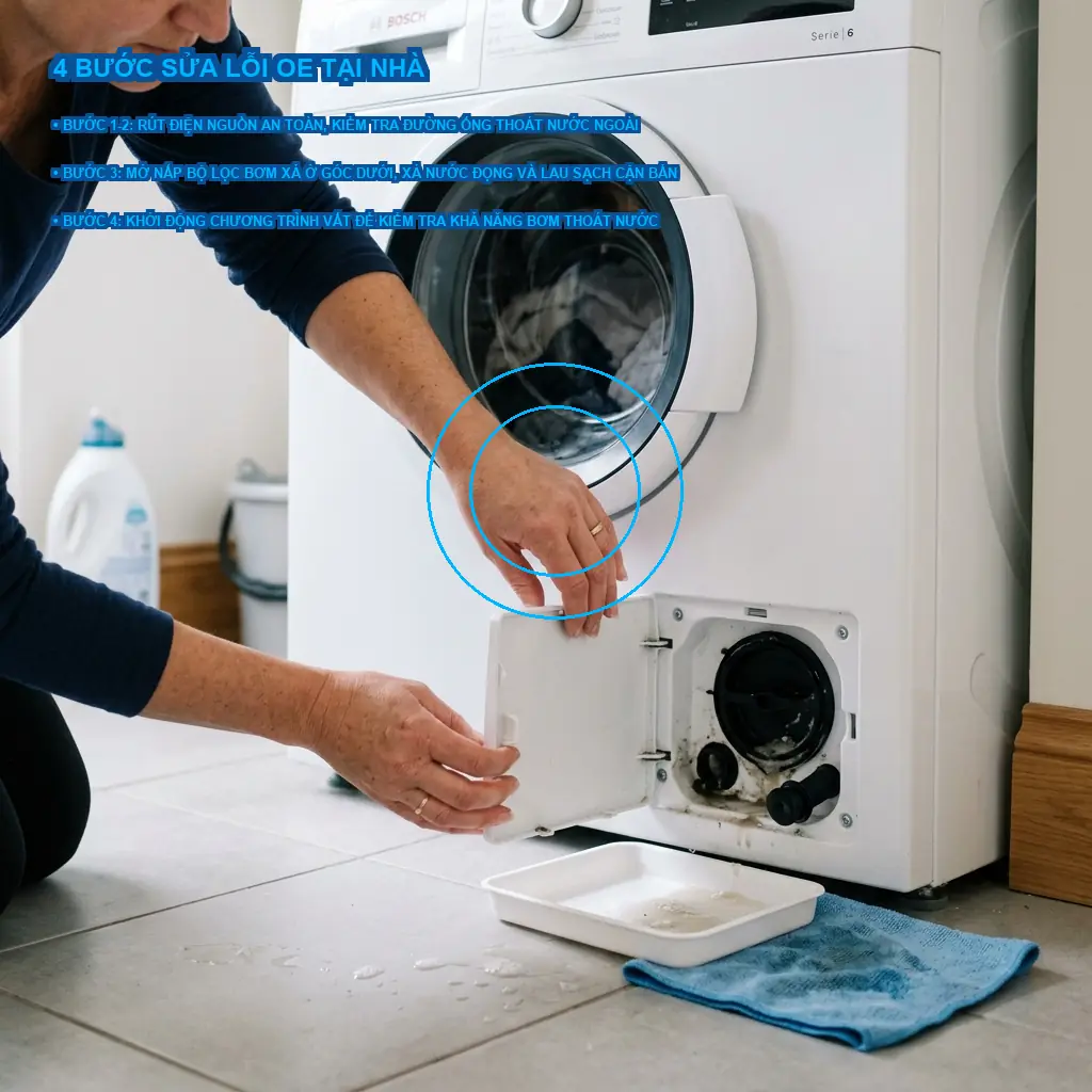 Máy giặt LG FV1410S3B báo lỗi OE: Cách tự sửa tại nhà 3 Hướng dẫn 4 bước khắc phục nhanh lỗi xả nước OE tại nhà